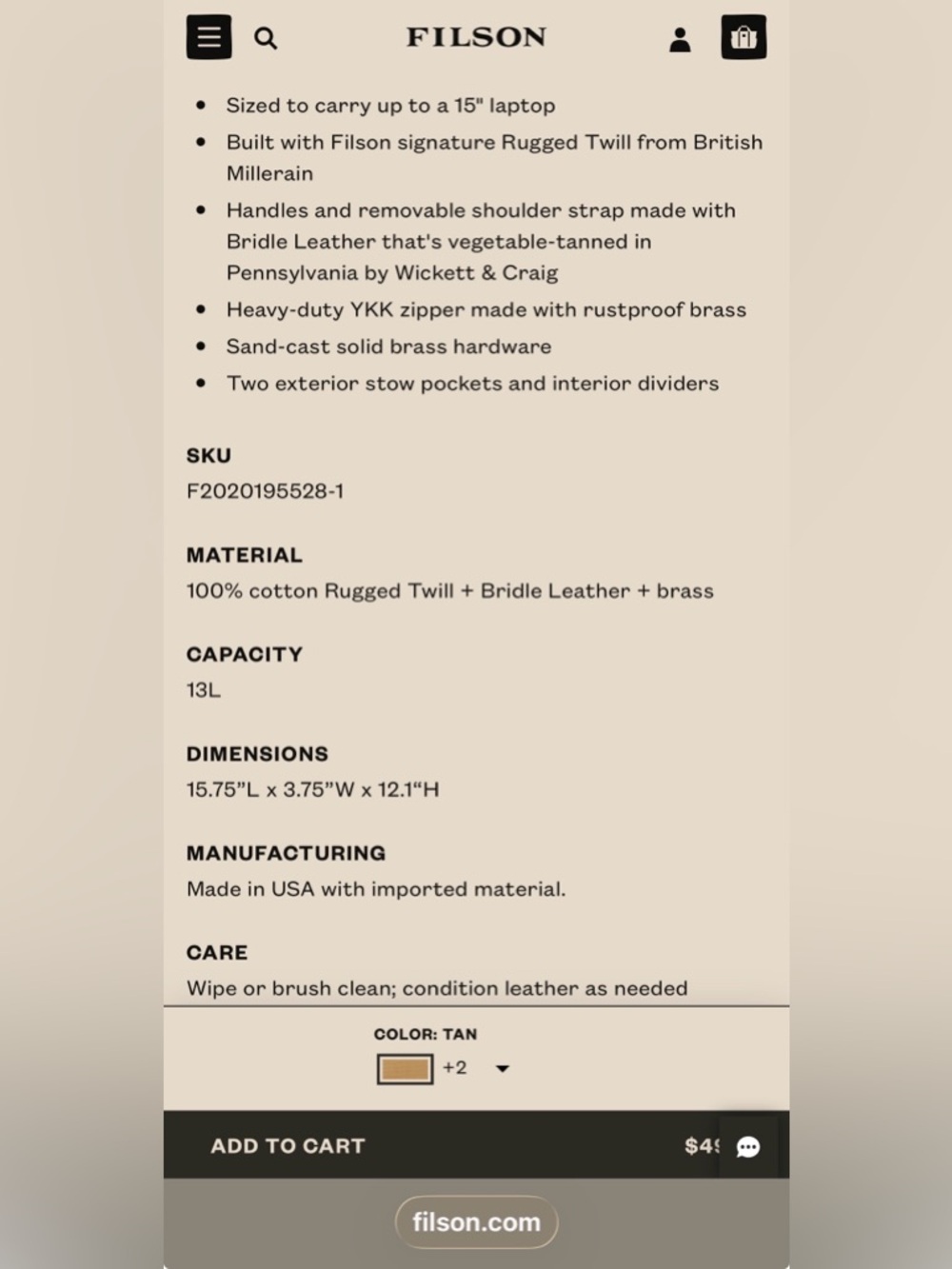 FILSON TAN RUGGED TWILL & LEATHER BRIEFCASE - Picture 7 of 7